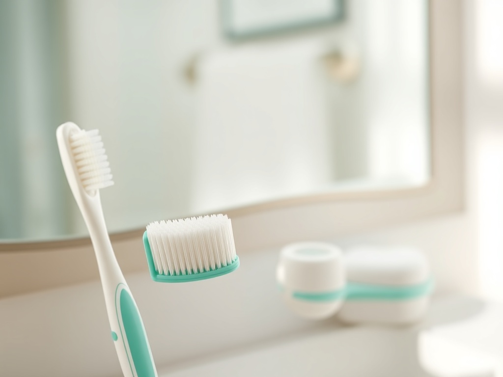 Зубная щётка и специальная насадка для чистки зубов на фоне зеркала в ванной комнате.