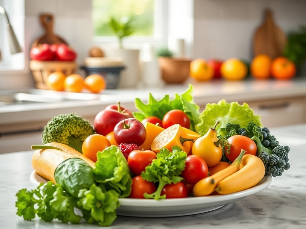 На белой тарелке свежие овощи и фрукты: брокколи, помидоры, салат, перцы и бананы на фоне кухни.