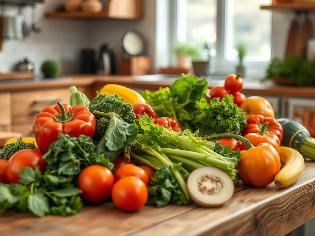 На столе лежит разнообразие свежих овощей: помидоры, перец, брокколи, сельдерей и листовая зелень.