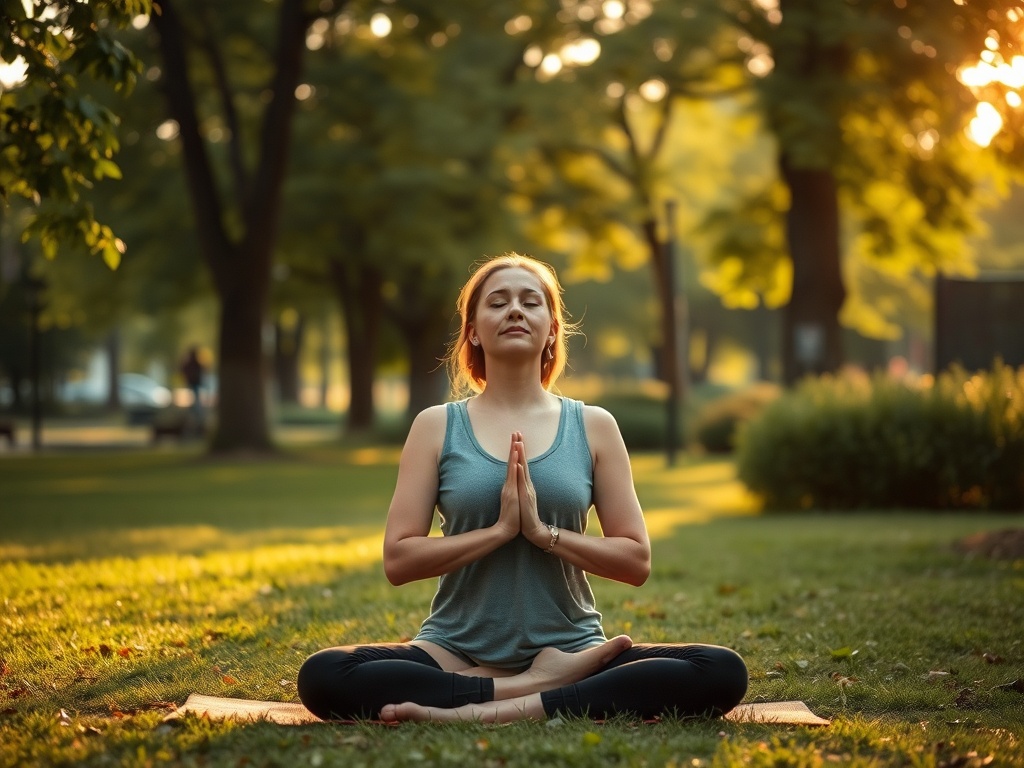 Женщина медитирует на траве в парке, окруженная зелеными деревьями, на фоне заката.