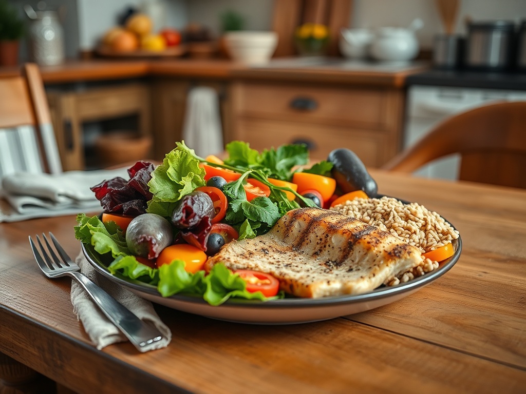 На тарелке свежий салат с овощами, рыба и отварной рис, на фоне уютной кухни.