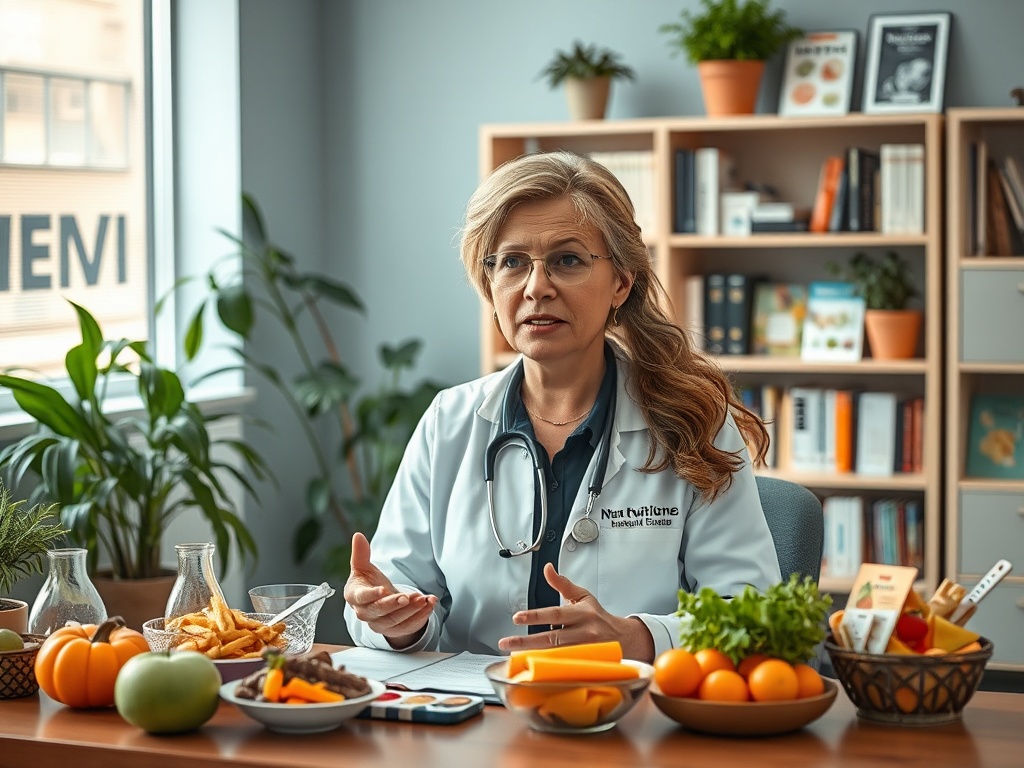 На изображении врач объясняет важность питания, окружённый фруктами и овощами.