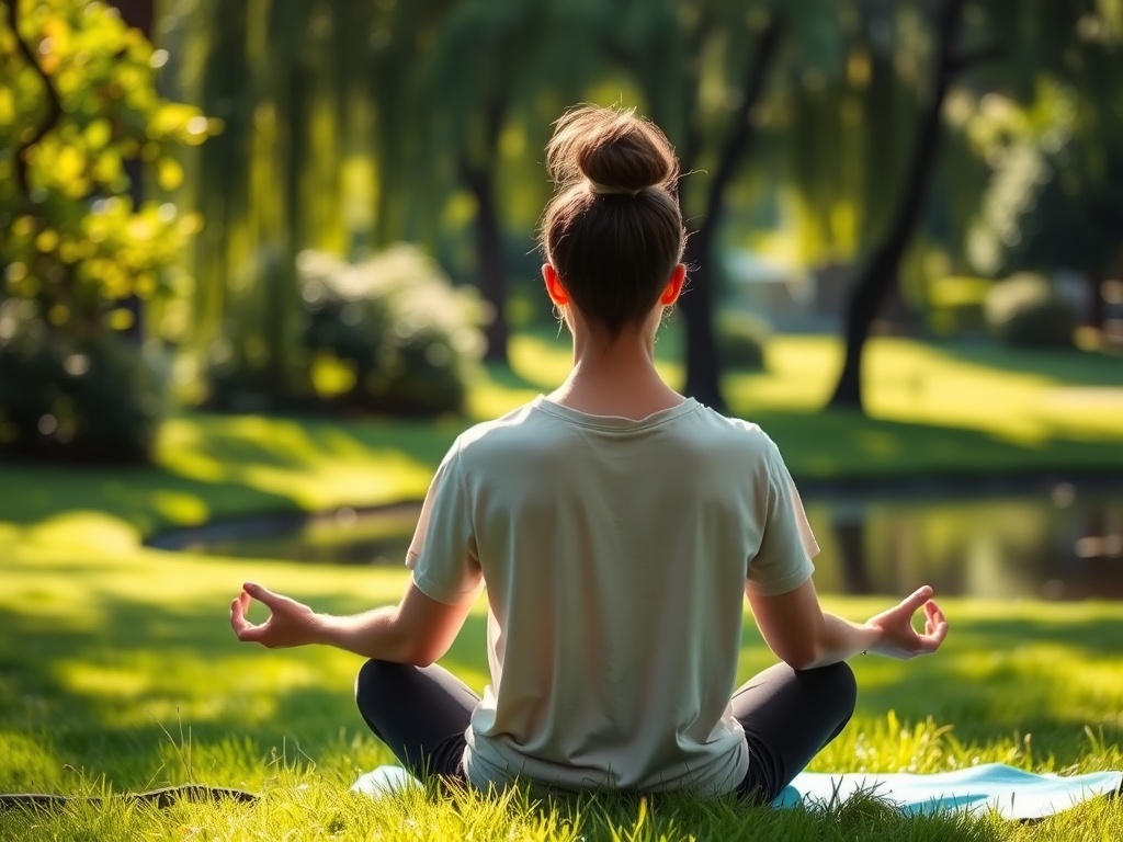 Женщина медитирует на траве в парке, окруженная зеленью и природой, в спокойной и расслабляющей обстановке.