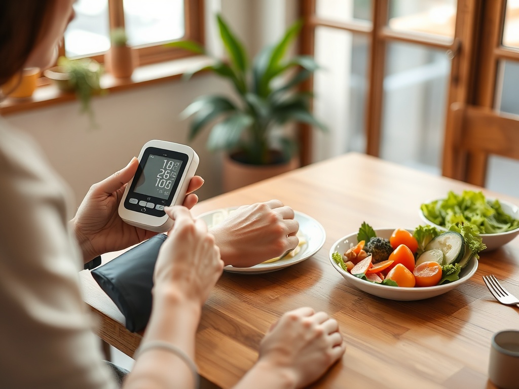 Человек измеряет давление с помощью тонометра и готовит здоровую еду на столе с овощами.