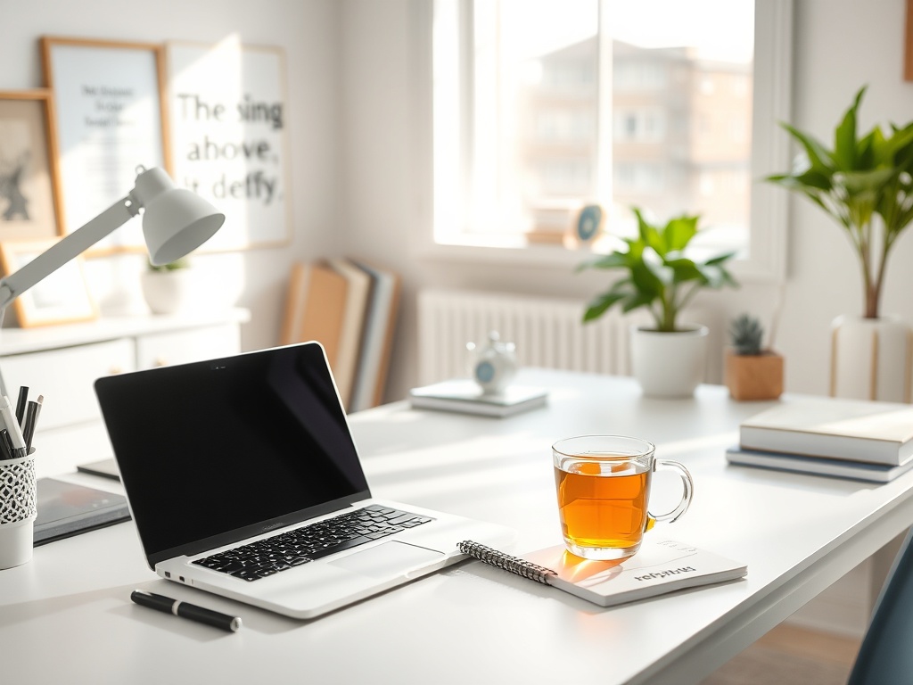 Стильный офис с ноутбуком, чашкой чая и растениями на столе, полным света и уюта.