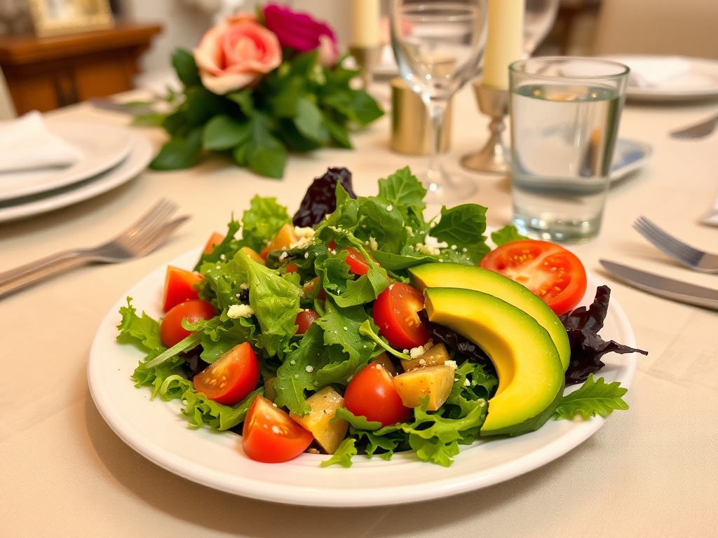 Свежий салат с помидорами, авокадо и зеленью на столе с оформлением для обеда.