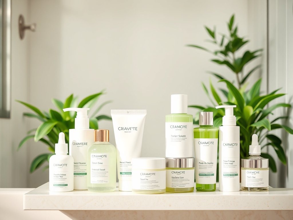 На столе стоят флаконы с косметическими средствами на фоне зелёных растений.