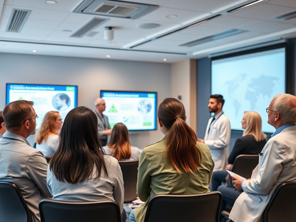 Группа специалистов на встрече, слушает презентацию с экранов. Обсуждают медицинские темы.