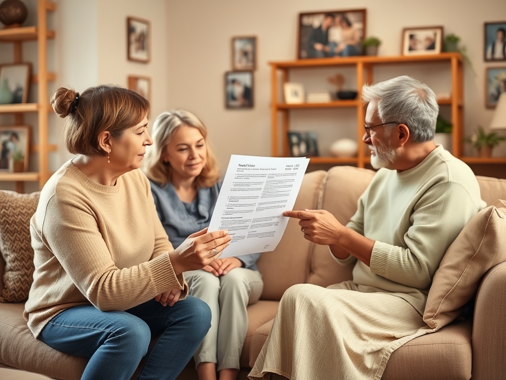 На изображении трое людей обсуждают документы, сидя на диване в уютной комнате.