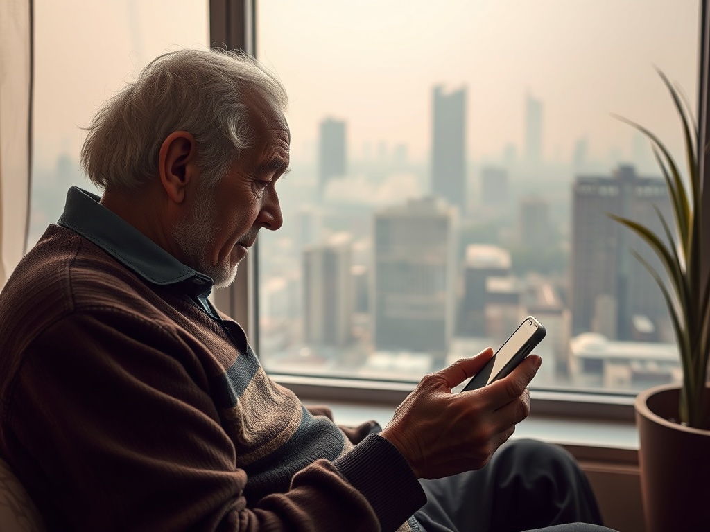 Пожилой мужчина сидит у окна, смотря на телефон на фоне городского пейзажа.