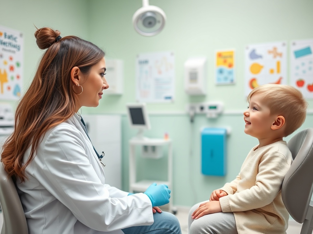 Доктор разговаривает с маленьким пациентом в уютном кабинете. Улыбки и доверие между ними.