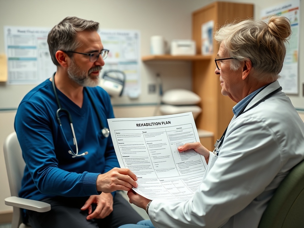 Врач обсуждает план реабилитации с пациентом в медицинском кабинете.