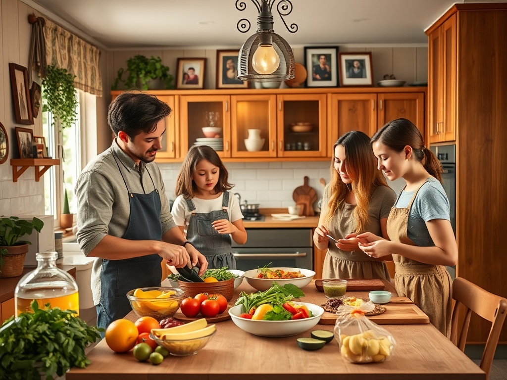 Четыре человека готовят еду на кухне, окруженные свежими овощами и фруктами. Атмосфера дружелюбная и домашняя.