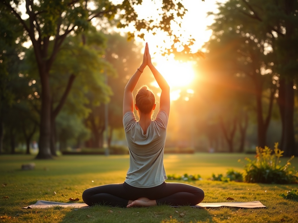 Женщина занимается йогой на зеленом газоне на фоне заката в парке. Спокойная атмосфера и солнечный свет.