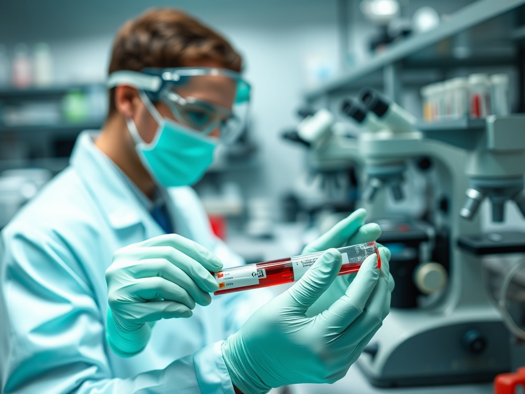 Лабораторный работник в защитной одежде исследует пробирку с образцом крови под микроскопом.