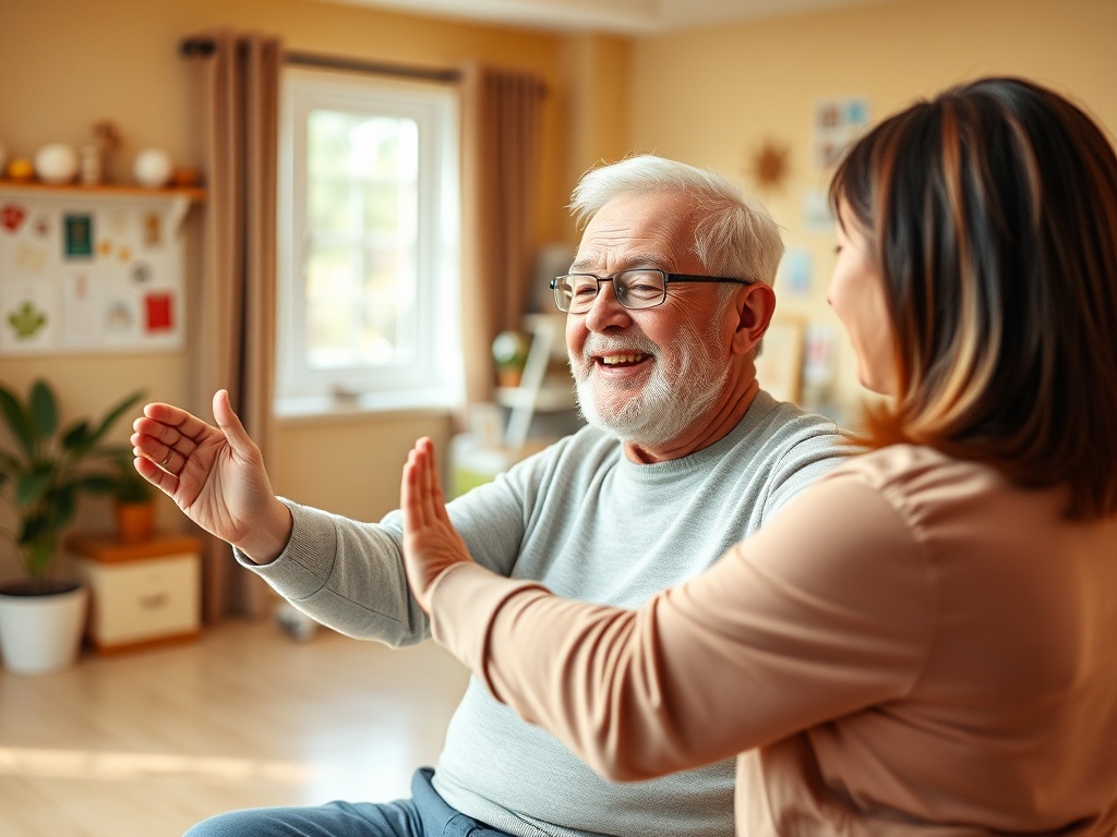 Светлая комната, пожилой мужчина улыбается и общается с женщиной, показывая жесты руками.