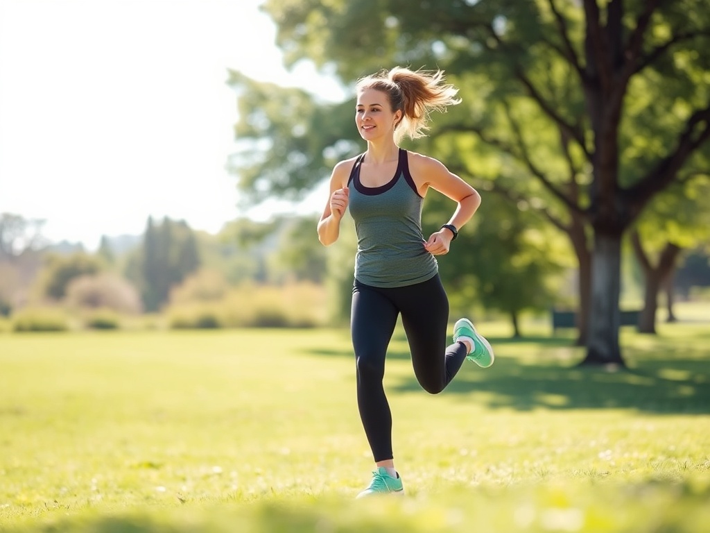 Молодая женщина бежит по зеленому парку, улыбаясь и наслаждаясь активным образом жизни.