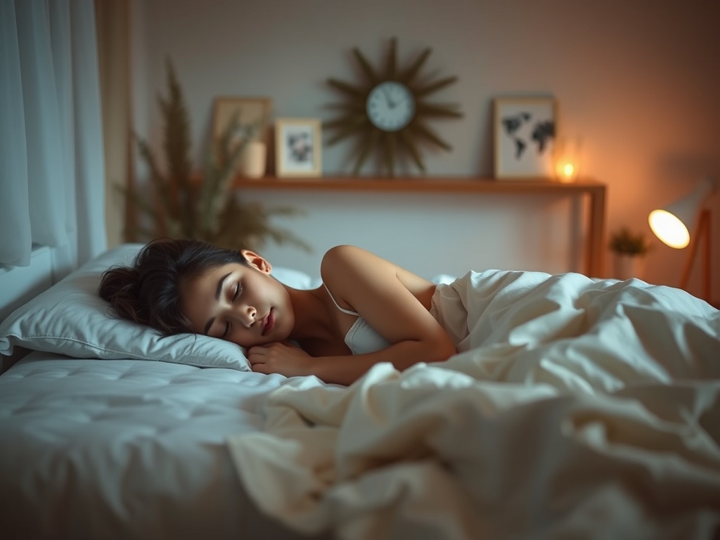 На изображении спящая девушка в уютной комнате с мягким светом и элементами декора.