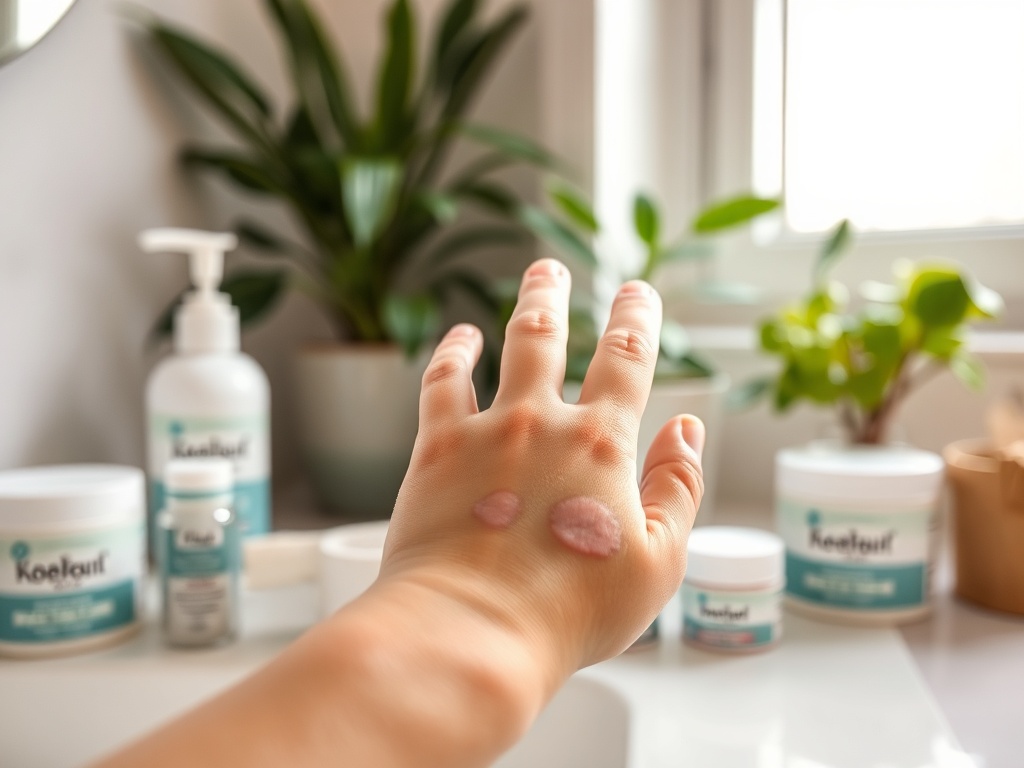 На руке расположены кремы, на фоне видно средства для ухода и растения. Светлое помещение с окнами.