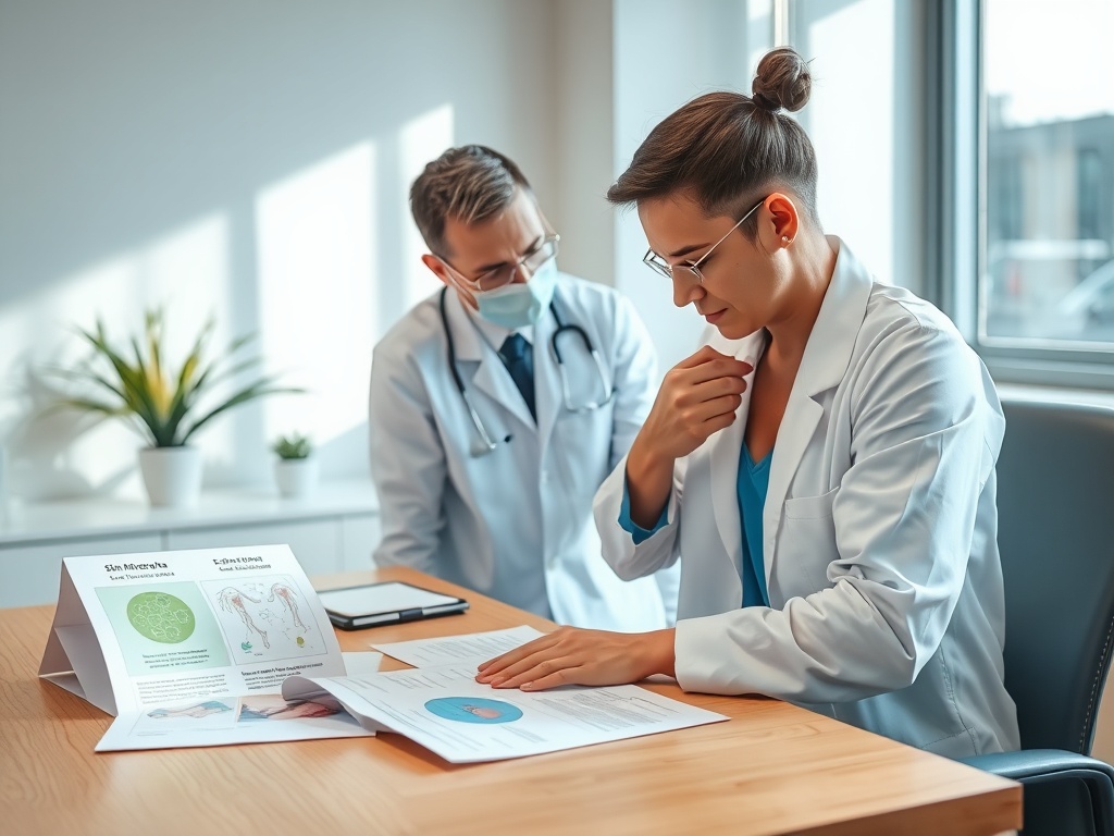 Врач и пациент обсуждают медицинские документы в кабинете на фоне растений и уютного интерьера.