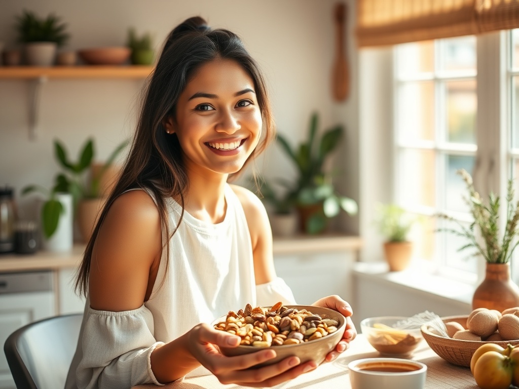 На фотографии улыбающаяся девушка с миской орехов в уютной кухне с зелеными растениями.