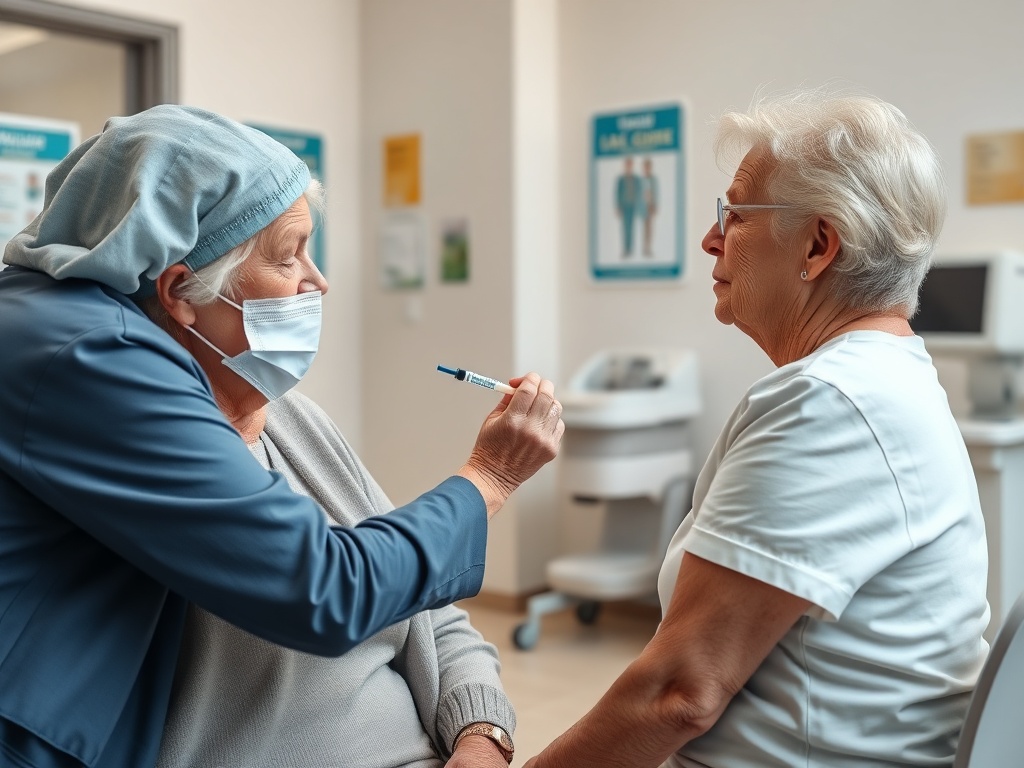 Врач объясняет процедуру пожилой пациентке в медицинском кабинете. Они обе выглядят сосредоточенными.