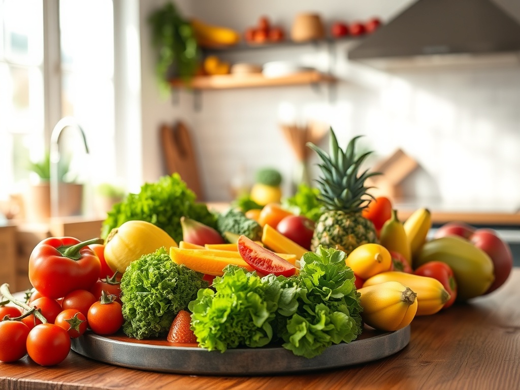 Ассорти из свежих овощей и фруктов на деревянном столе в уютной кухне. Яркие цвета и натуральные формы.