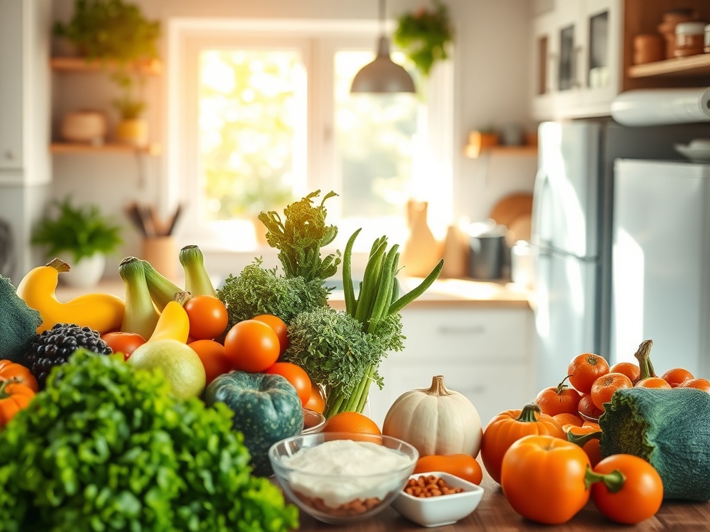 На столе свежие овощи и фрукты, яркие цвета, уютная кухня с солнечным светом.