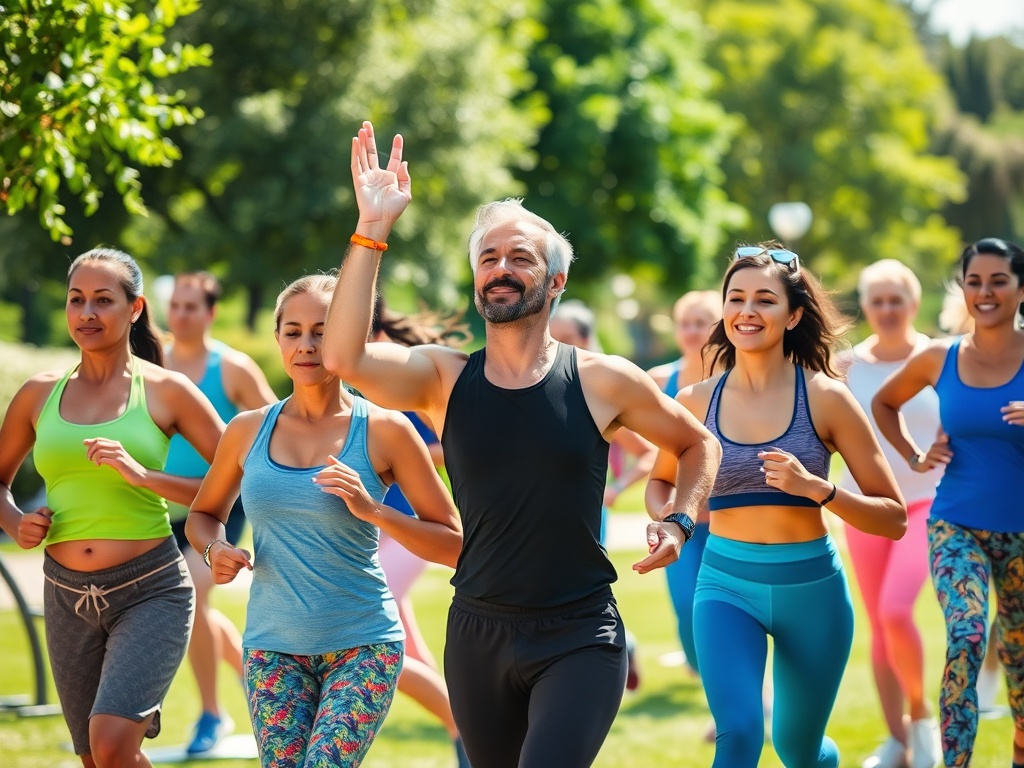Группа людей в спортивной одежде занимается бегом в парке, радуясь активному отдыху на свежем воздухе.