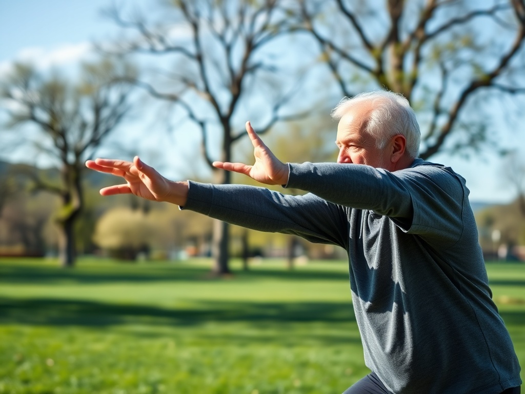 Пожилой мужчина выполняет упражнения на свежем воздухе в парке, руки вытянуты вперед.
