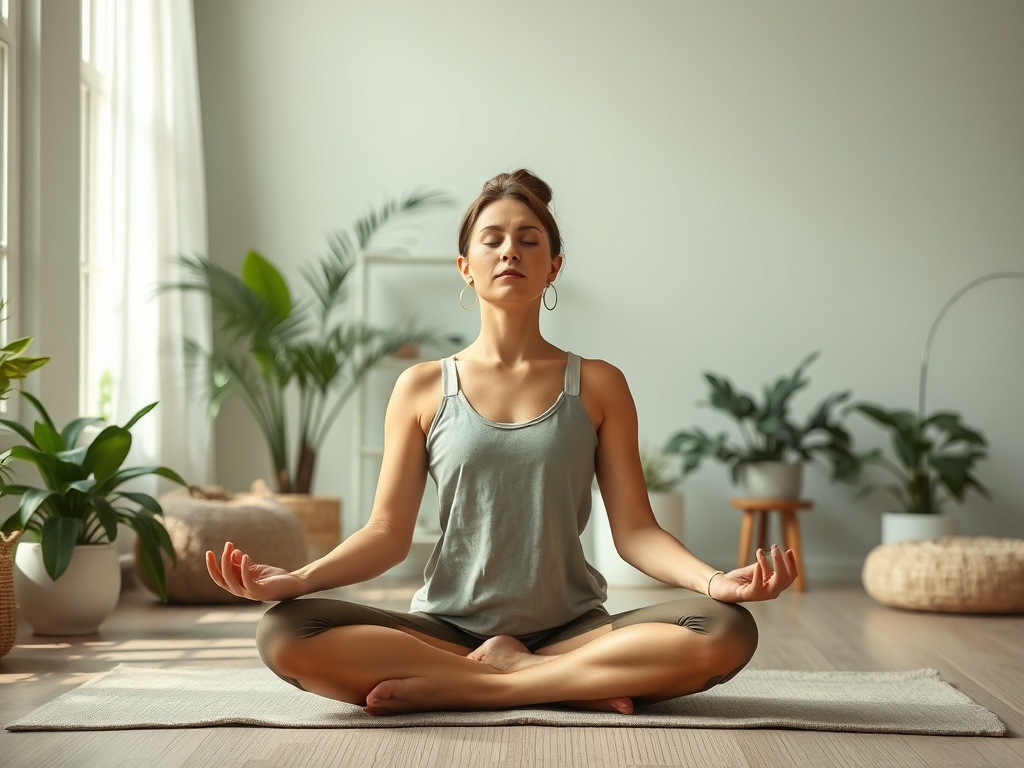 Женщина медитирует в светлом комнате среди зелёных растений и уютной обстановки.