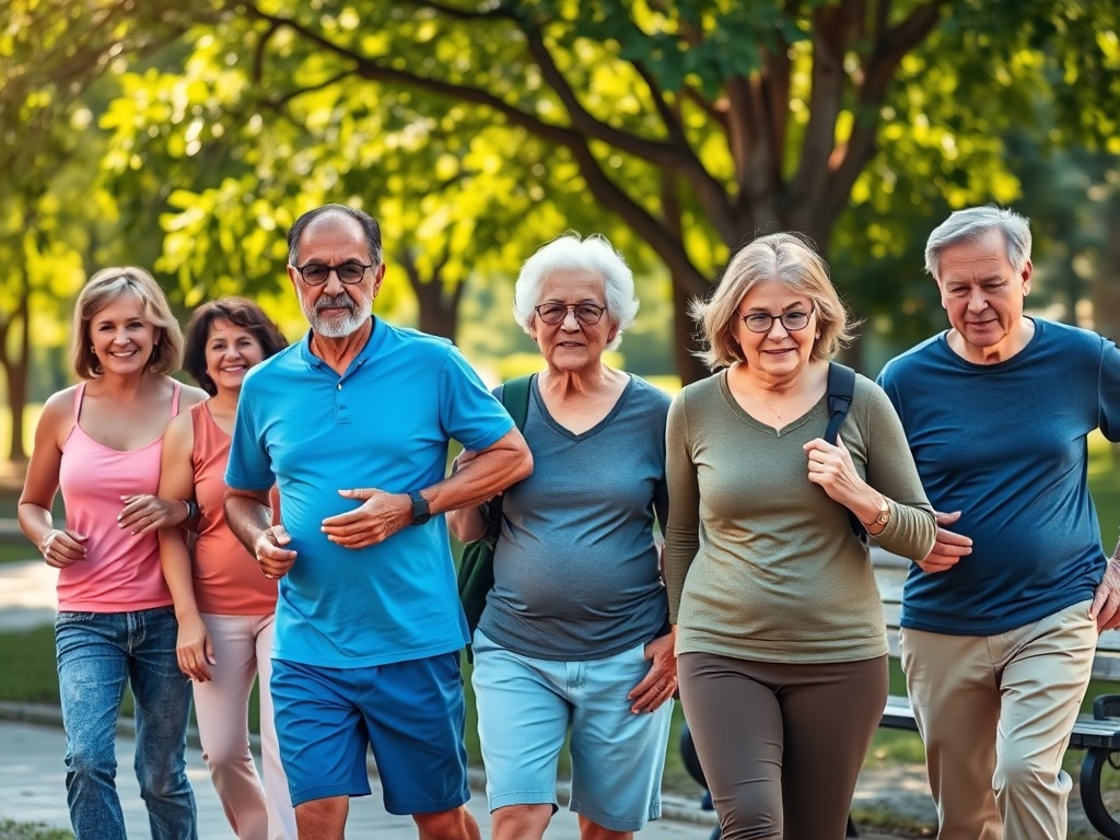 Группа людей разного возраста гуляет по парку, наслаждаясь солнечным днем и общением друг с другом.