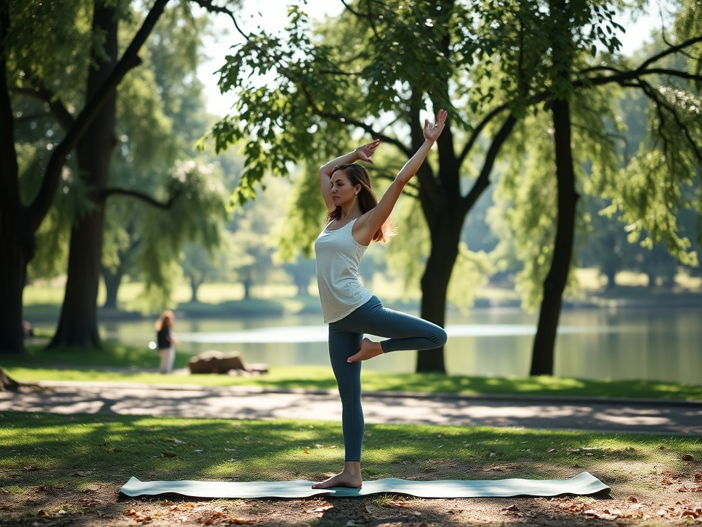Женщина выполняет йогу на зеленом коврике в парке среди деревьев у водоема. Настрой спокойный и умиротворяющий.
