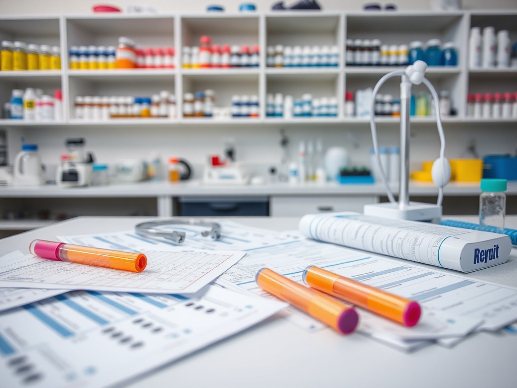 На столе в лаборатории лежат документы и цветные маркеры, на заднем плане полки с препаратами.