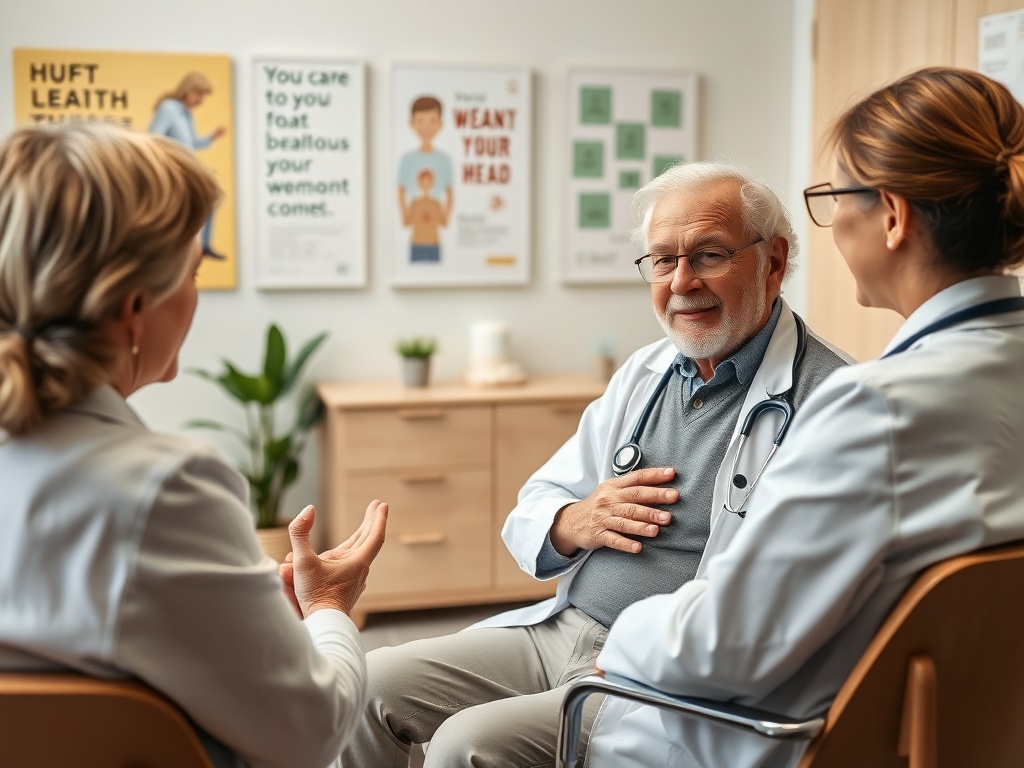 Две врача обсуждают здоровье пожилого пациента в медицинском кабинете. На стенах плакаты о здоровье.