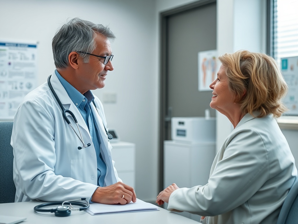 Врач в халате беседует с пациенткой в кабинете, у них дружеская атмосфера и взаимопонимание.
