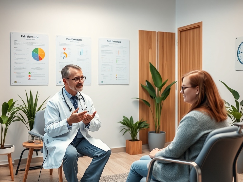 Врач общается с пациентом в кабинете, обсуждая вопросы здоровья и лечения. На стенах графики и диаграммы.