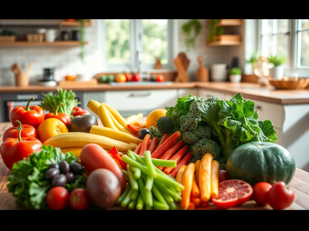 Изображение с разнообразными свежими овощами и фруктами на кухонном столе. Яркие цвета создают аппетитный вид.
